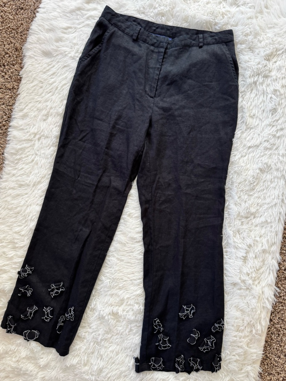 Vtg Catherine Stewart black 100% linen rosette Lagenlook pant size 8